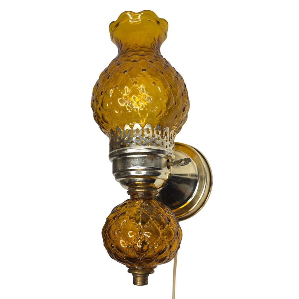 VTG Amber Glass Hobnail Electric Wall Sconce Lamp Diamond Point Hurricane Light